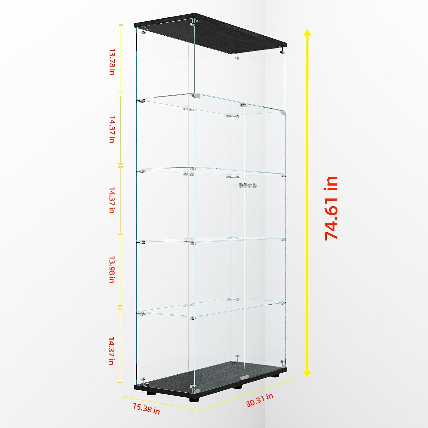 64.69' Tall Tempered Glass Display Cabinet with LED Lights, Curio Cabinet with 5 Shelves with 2 Door, Quick-Install Style Floor Standing Bookshelf File Cabinet for Living Room Office