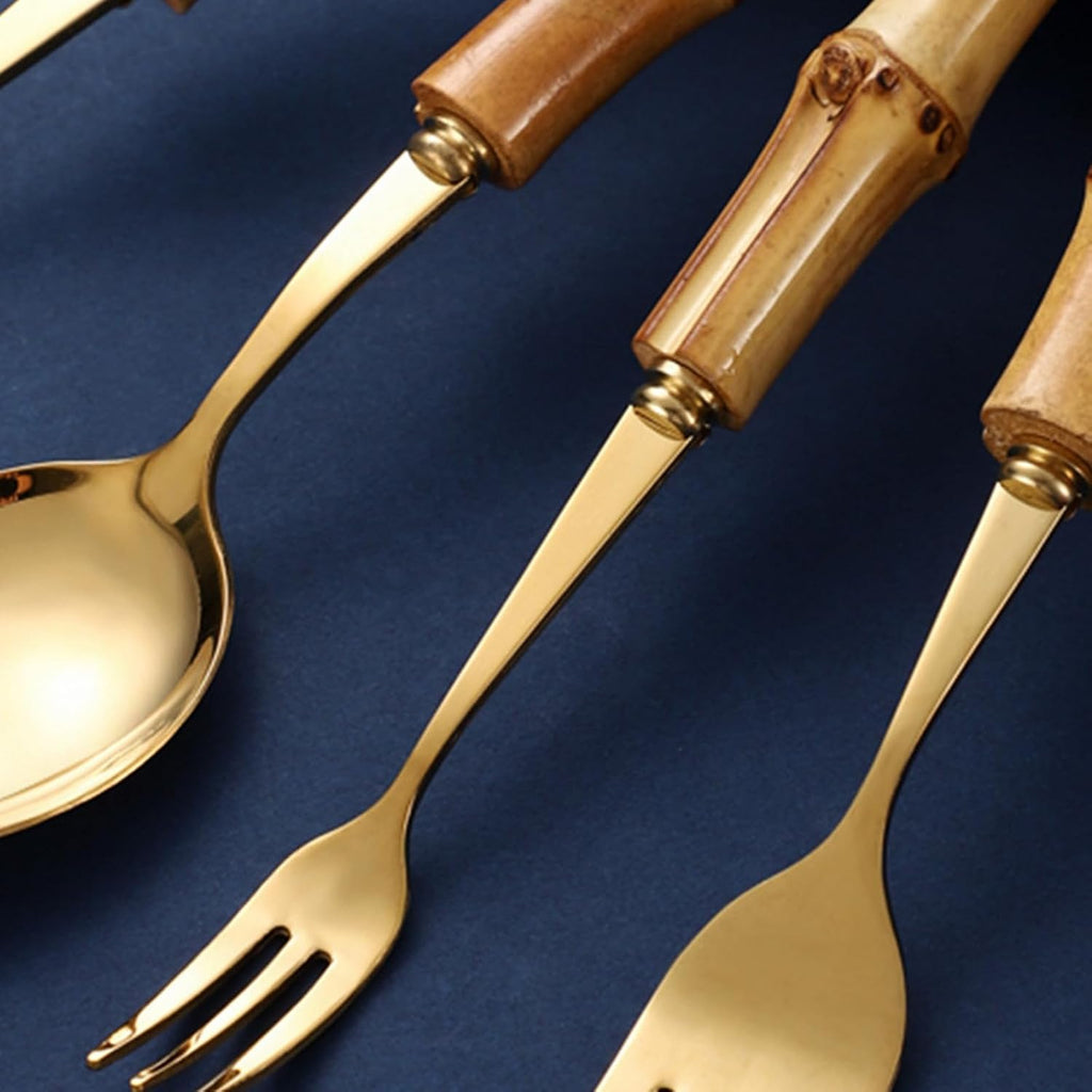 30-Piece Bamboo Flatware Set – Forks & Spoons Bamboo handle Cutlery Utensils set for home and kitchen, 18/8 Stainless Steel Gold Silverware set,Gift for mom Choice