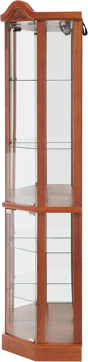 Ball & Cast 72' H Lighted Corner Curio Cabinet with Curved Top Carving,Glass Display Cabinet with 6 Tempered Adjustable Glass Shelves and Doors,Light Bulb Included, Rack for Liquor Storage,Oak