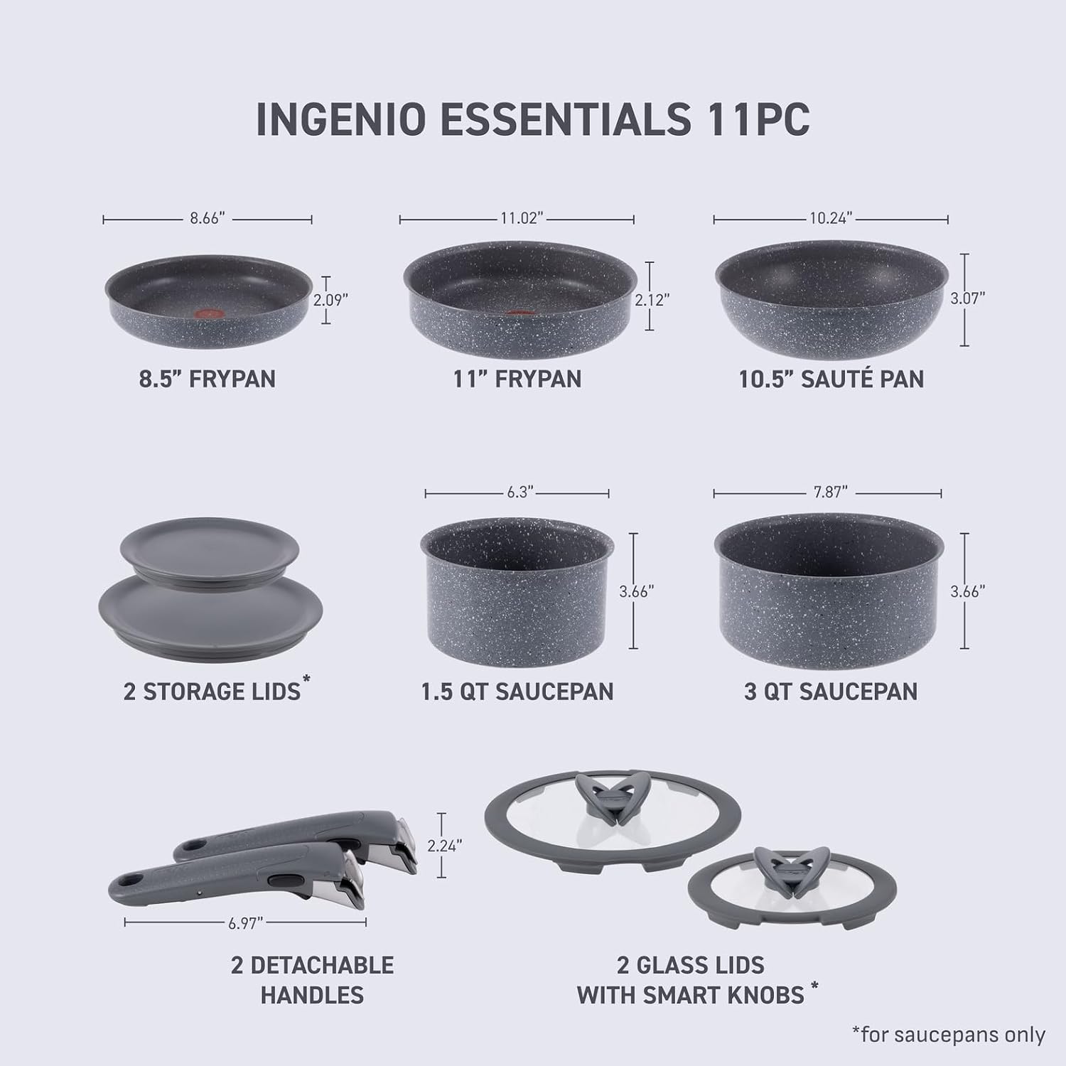 T-fal Ingenio Essentials Cookware Set with Detachable/Removable Handle 11 Piece, Granite Titanium Non Stick, Oven Broiler Safe 500F, Stackable, Pots and Pans Set, Frying Pans, Dishwasher Safe, Gray