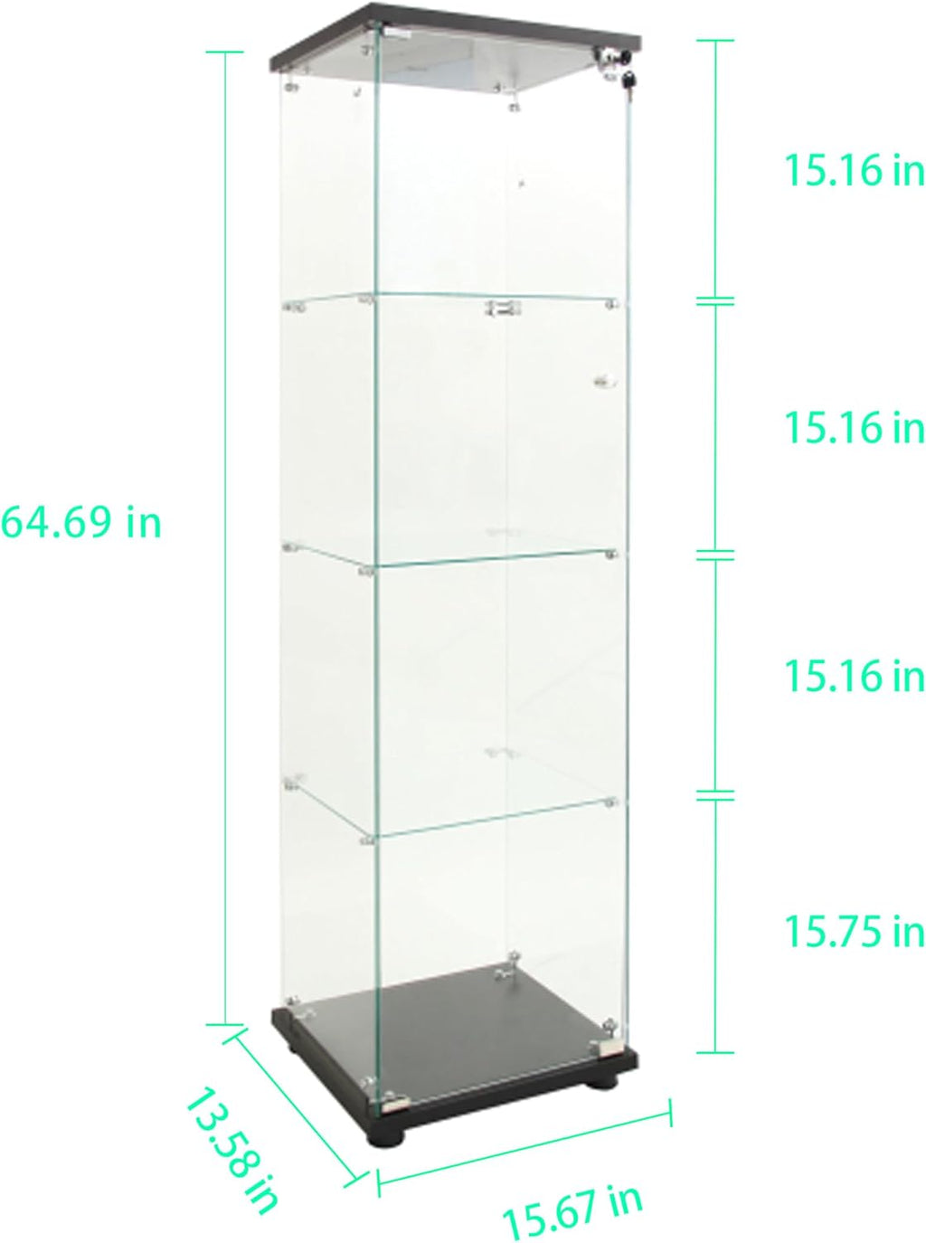 64.69' Tall Tempered Glass Display Cabinet with LED Lights, Curio Cabinet with 4 Shelves with 1 Door, Quick-Install Style Floor Standing Bookshelf File Cabinet for Living Room Office