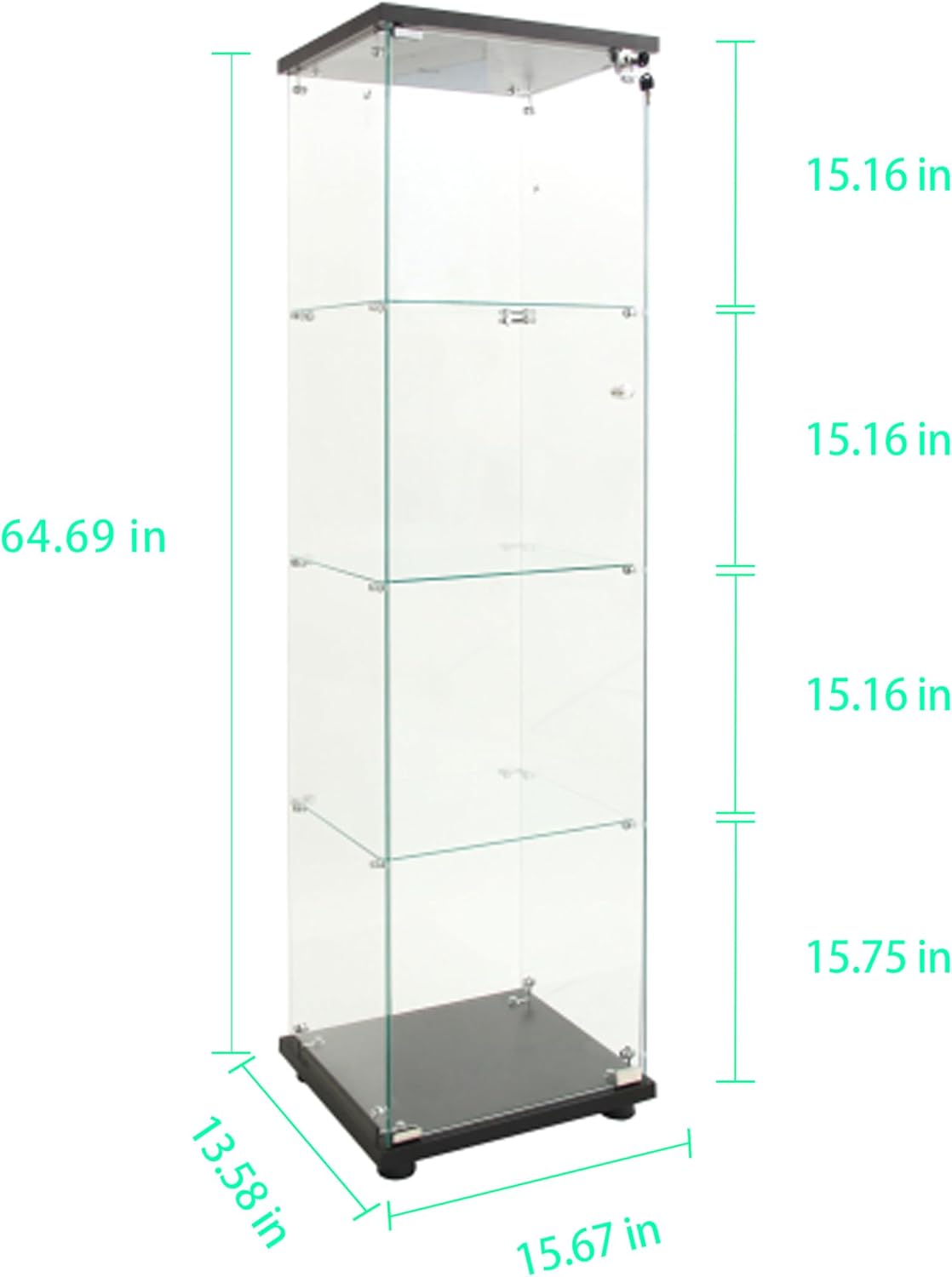 64.69' Tall Tempered Glass Display Cabinet with LED Lights, Curio Cabinet with 4 Shelves with 1 Door, Quick-Install Style Floor Standing Bookshelf File Cabinet for Living Room Office