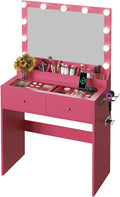 VINGLI Vanity Desk with Mirror and Adjustable Lights, Glass Top Makeup Vanity Table Built-in Power Outlets & Hairdryer Holder, Small Hot Pink Dressing Table w/Bulbs, Gifts for Girls, 31.5in