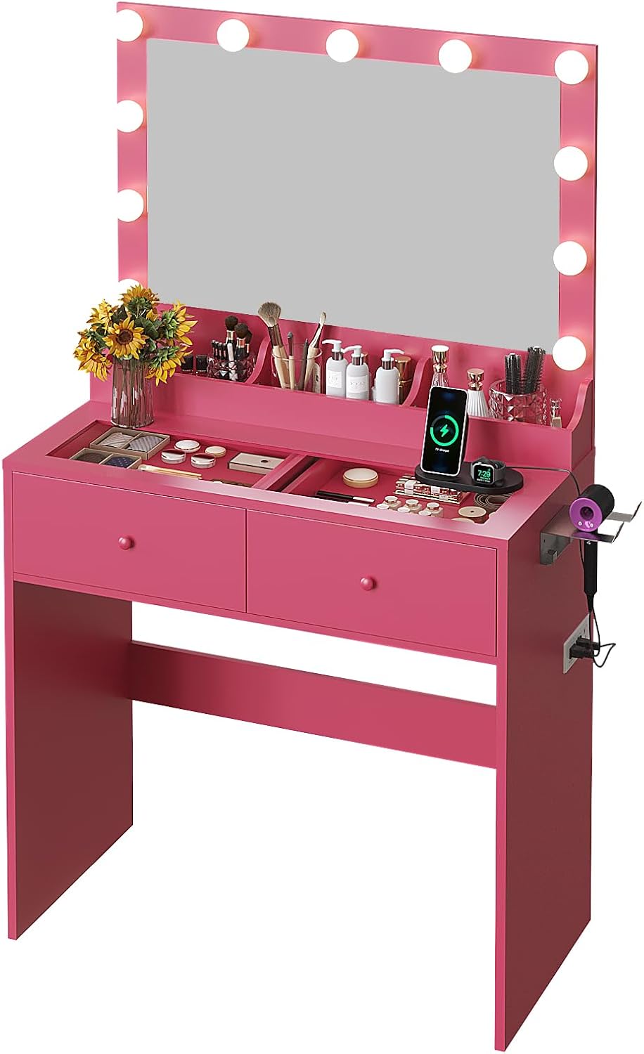 VINGLI Vanity Desk with Mirror and Adjustable Lights, Glass Top Makeup Vanity Table Built-in Power Outlets & Hairdryer Holder, Small Hot Pink Dressing Table w/Bulbs, Gifts for Girls, 31.5in