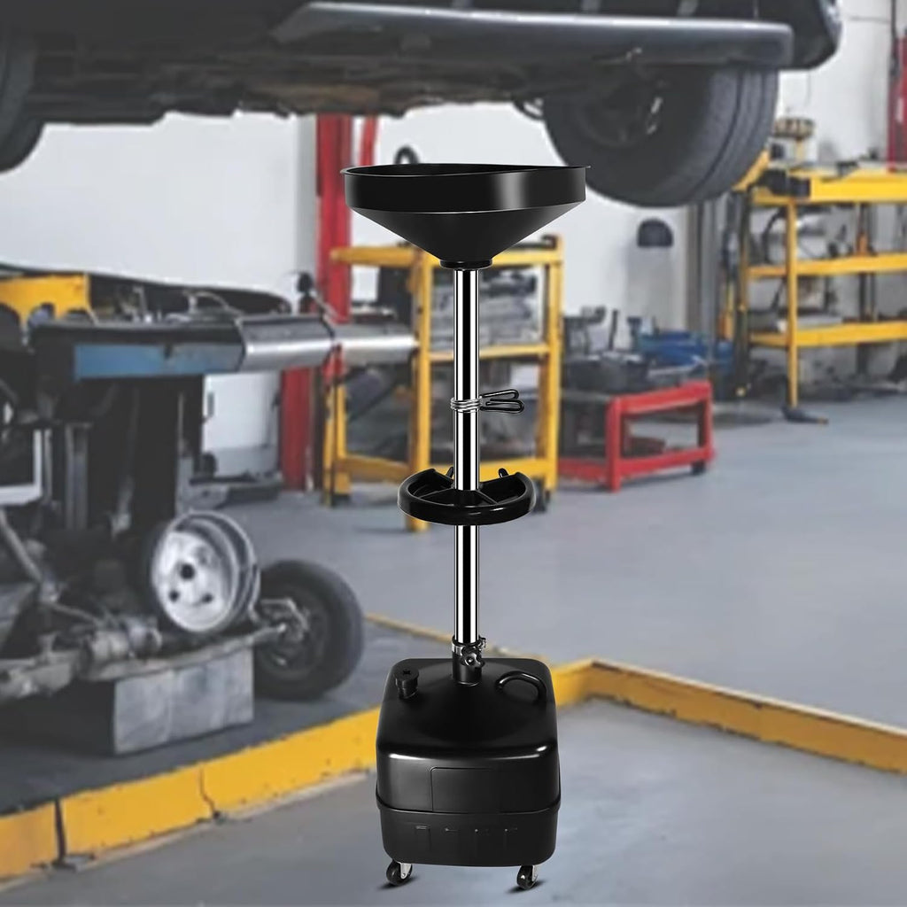 HKTE 9-Gallon Waste Oil Drainer, Adjustable Height (27'–68') with Spring Clamp, 17' Funnel, Mobile Oil Drain Pan with Heavy-Duty Casters, Tool Tray, Oil Filtration Screen, for Cars, Trucks, SUVs