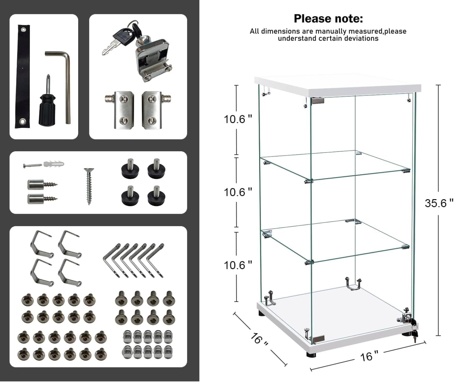 WISDOMFUR 16''x 63'' Frameless Glass Display Cabinet Showcase Glass Cube with Lock, Tempered Glass 4 Shelf Single Door, MDF Base - White & Black (Black), CT1660