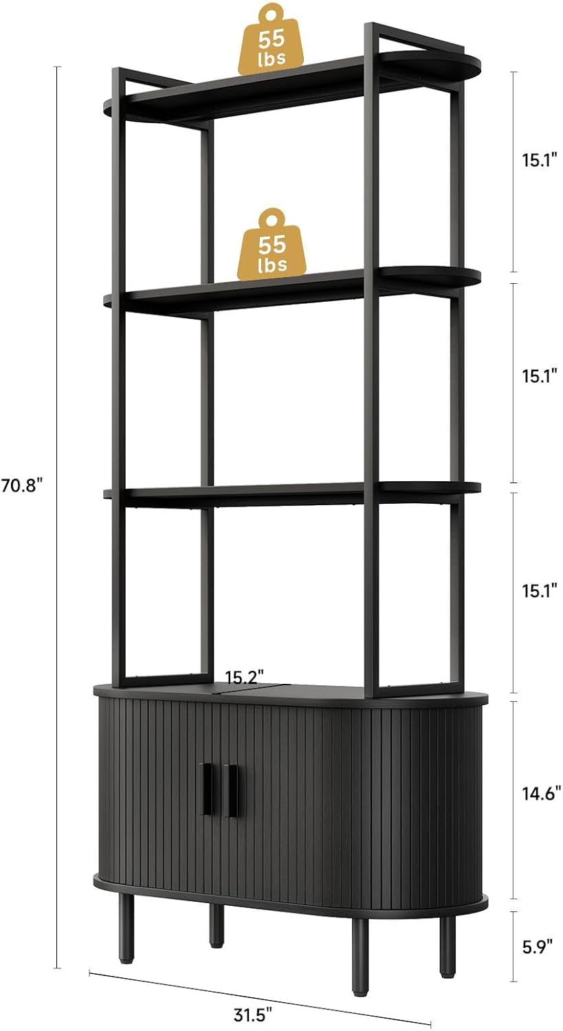 5 Tier Tall Bookshelf with Cabinet, Fluted Bookcase with Sliding Door, Metal and Wood Display Shelf, Free Standing Storage Shelving Unit, Corner Storage Organizer for Living Room, Home Office, Black