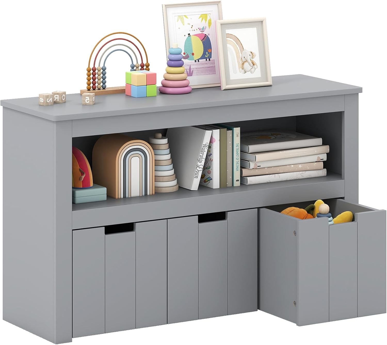 HONEY JOY Kids Toy Storage Organizer, Children Daycare Shelf, 3 Wooden Toy Box w/Wheels, Toddler Classroom Display Cabinet for Playroom, Nursery, Kindergarten (Gray)