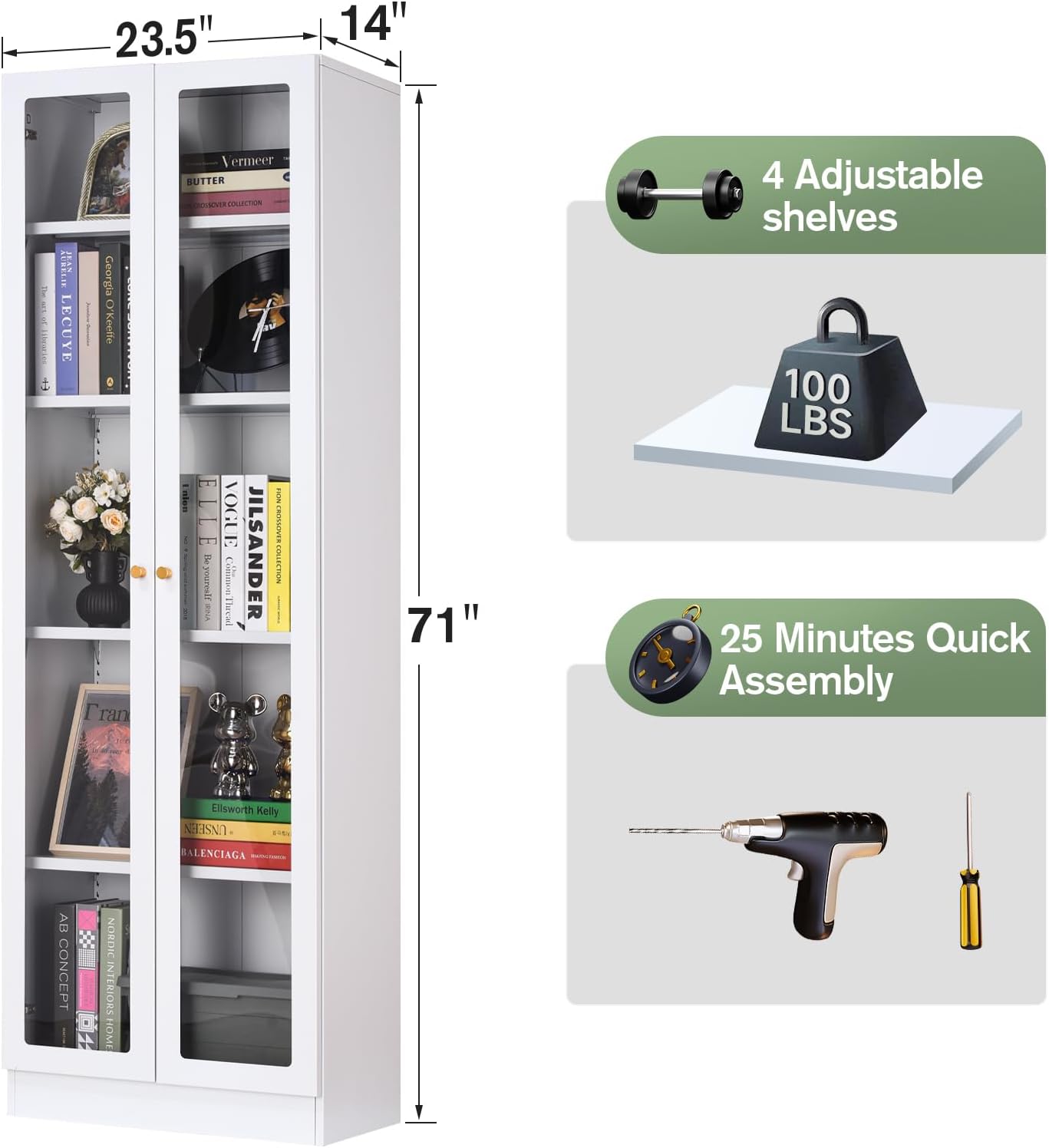 IRONMIX Modern Display Cabinet with Doors, Curio Cabinet with 4 Adjustable Shelves, 5-Tier Display Case, 71' Tall Display Shlef for Living Room, Tall Bookcase for Home Office (23.5 W, White)