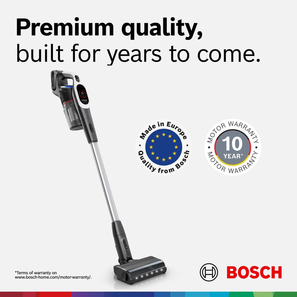Bosch Unlimited 9 Cordless Stick Vacuum Cleaner - Up to 60 Min Battery, Multi-Surface, Vacuums Pet Hair, Hard Floors and Carpets, HEPA Filter, MicroClean Brush, 3 Accessories, White