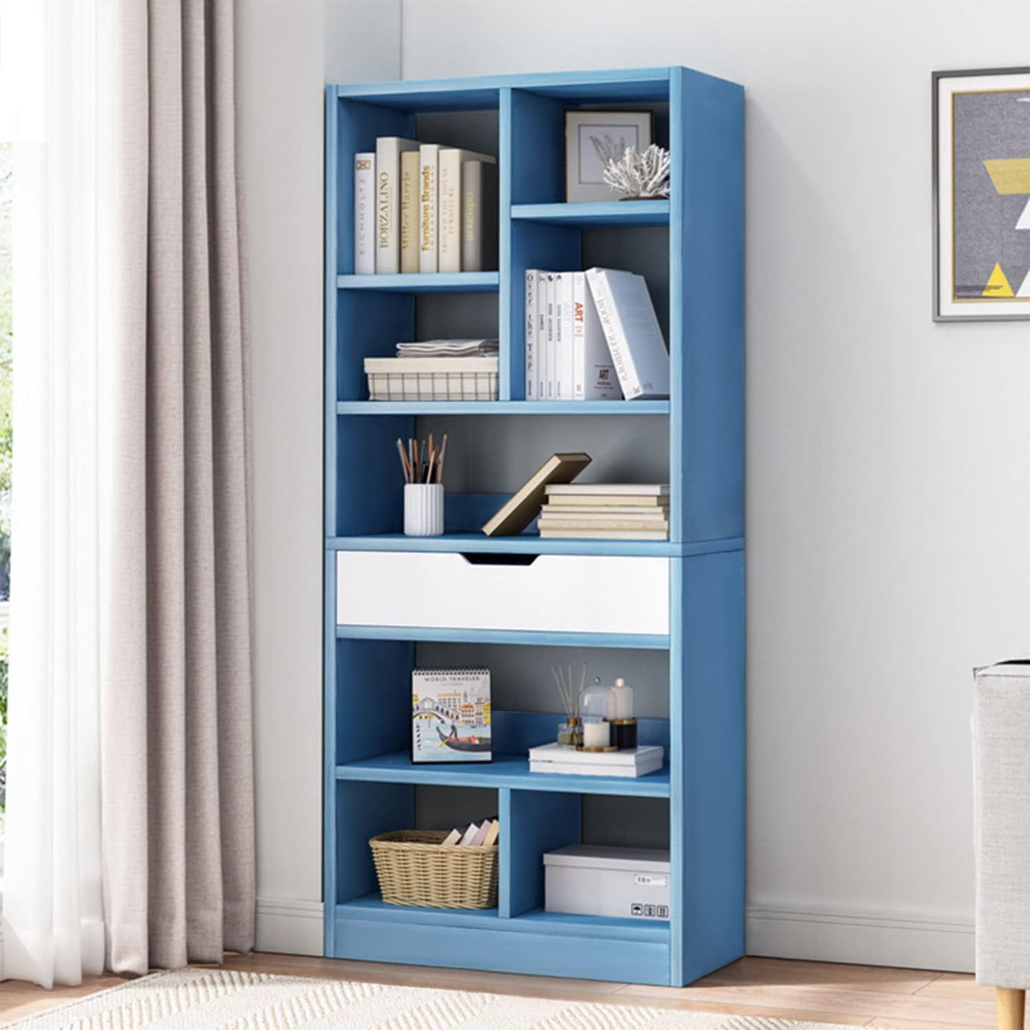 IOTXY Wooden Open Shelf Bookcase - 61' Height Freestanding Display Storage Cabinet Organizer with 8 Cubes and a Drawer, Floor Standing Bookshelf, Blue
