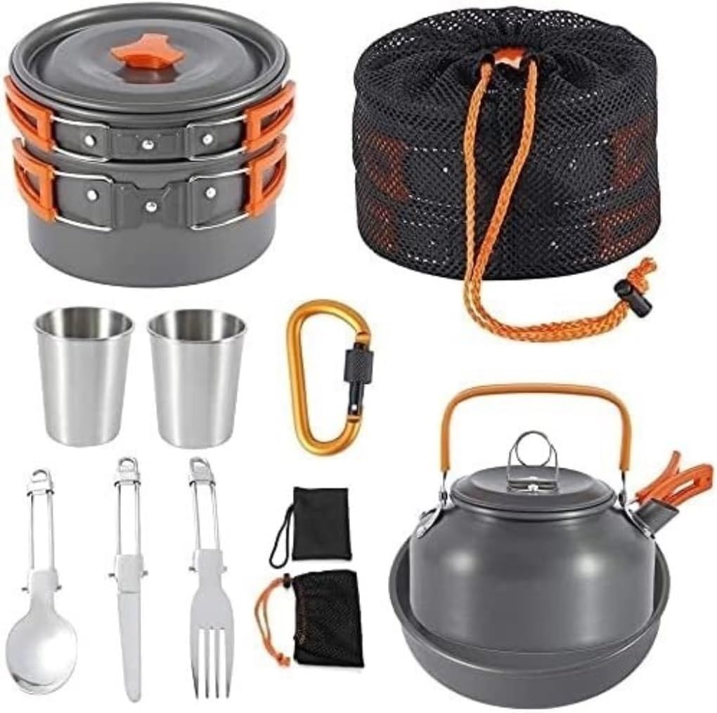 Camping Campfire Utensils, Camping Cookware Kit Outdoor Aluminum Cooking Set for 2 to 3 People Non Stick Folding Pans Backpacking Gear