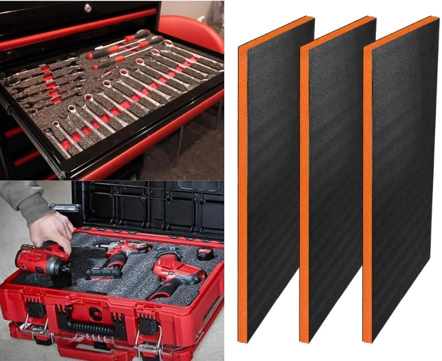 Customizable Tool Box Organizer Tool Foam | 24'x48' 3 Sheets | Tool Box Foam Organizer | Tool Drawer Organizer | Customizable Foam Insert | Toolbox Foam Inserts Shadow Foam (Orange, 1-3/16' (30mm))