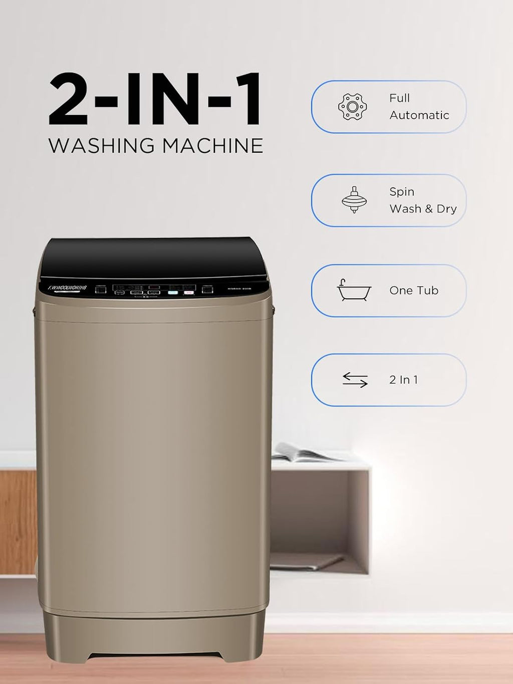 F.W.WOOLWORTHS 17.7 lbs Full-Automatic Washing Machine with LED Display, Laundry Washer with Drain Pump, 10 Wash Programs 8 Water Levels Washer & Spinner for Home, Apartment, Dorms, Gold