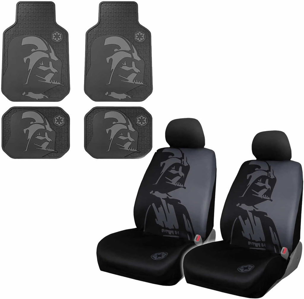 U.A.A. Inc. 8pc Star Wars Darth Vader Black Seat Covers Front Rear Rubber Floor Mats Set New
