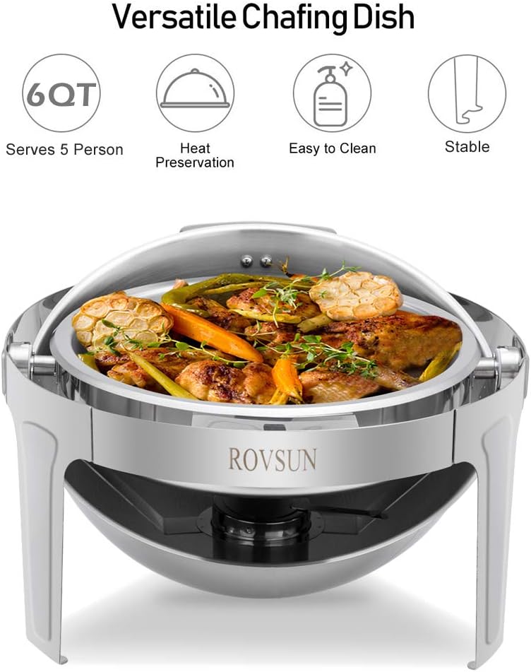 ROVSUN 2-Pack Roll Top Chafing Dish Buffet Set,6 Quart Full Size Pan Chafer, NSF Stainless Steel Round Set with Food Pan, Water Pan and Fuel Holders, for Wedding, Parties, Banquet, Catering Events