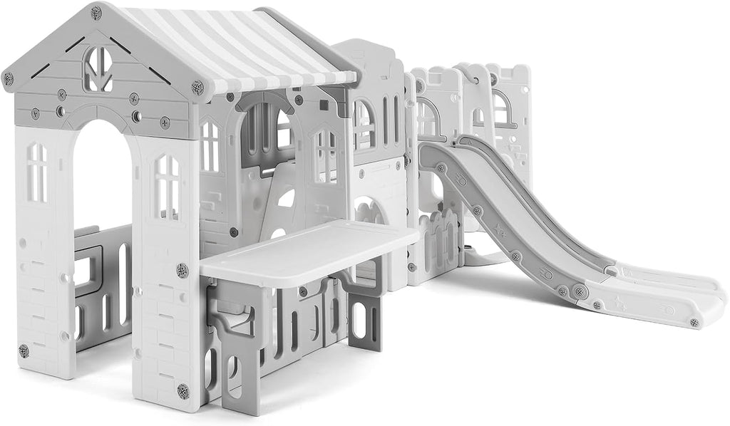 JOYLDIAS 10 in 1 Toddler Slide, Freestanding Kid Climber Slide Playset, Toddler Playhouse with Slide and Swing, Basketball Hoop, Telescope, Indoor Outdoor Backyard Playground Toy for Toddlers Age 1-3+