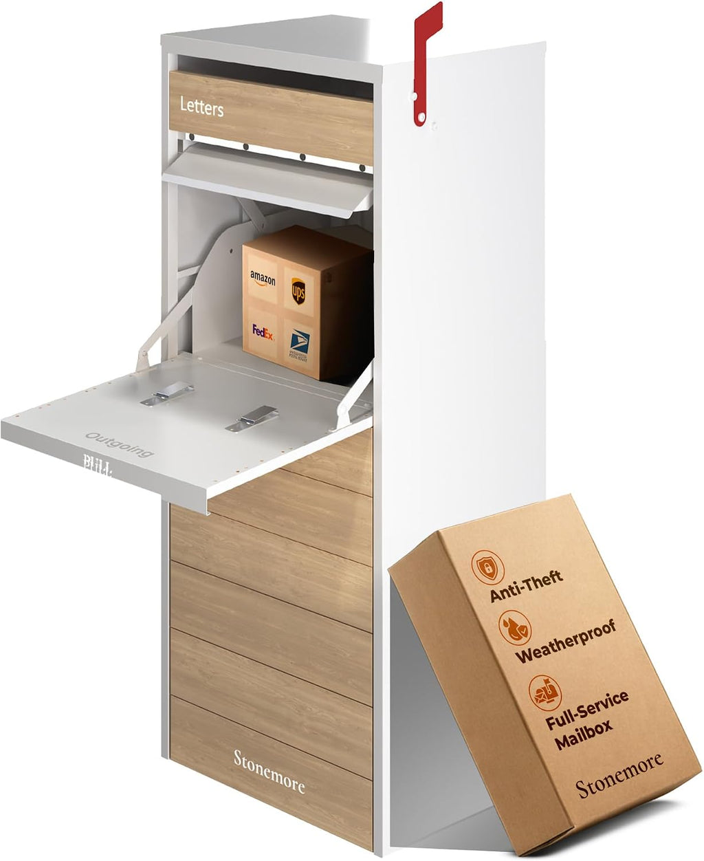 Cali USPS Compatible Mailbox, Snow White/Oak Package Mailbox, Anti-Theft Locking Parcel Drop Box for Porch Or Curbside, Large Mailbox for Packages, Weather-Sealed Powder Coated Steel