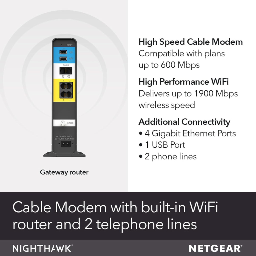 NETGEAR Nighthawk Cable Modem WiFi Router Combo with Voice C7100V - Supports Xfinity Cable & Voice Plans Up to 600Mbps, 2 Phone Lines, AC1900 WiFi Speed, DOCSIS 3.0
