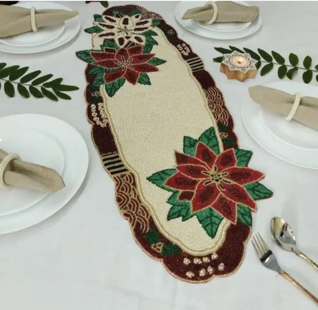 Poinsettia Table Runner, Beaded Design, Christmas Holiday Decor, Cream Brown Red Green