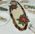 Poinsettia Table Runner, Beaded Design, Christmas Holiday Decor, Cream Brown Red Green