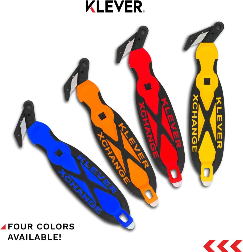 Klever XChange Box Cutter, Klever Kutter Package Opener Wide Cut Head, Ergonomic Soft Touch Handle Utility Knife, Cuts Thicker Substrates, Boxes, Film, Tape and More, Orange, 10 Pack (KCJ-XC-30G)