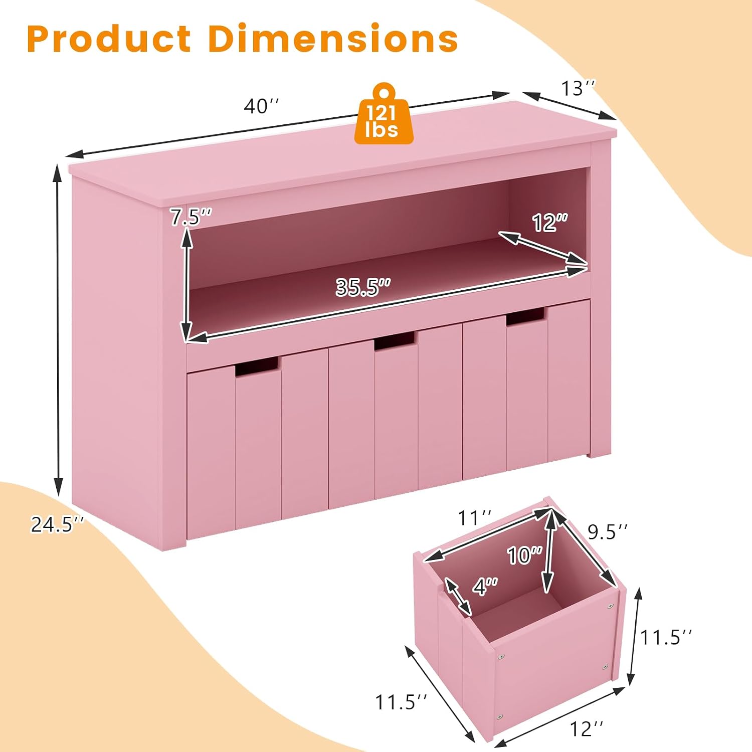 HONEY JOY Kids Toy Storage Organizer, Children Daycare Shelf, 3 Wooden Toy Box w/Wheels, Toddler Classroom Display Cabinet for Playroom, Nursery, Kindergarten (Pink)