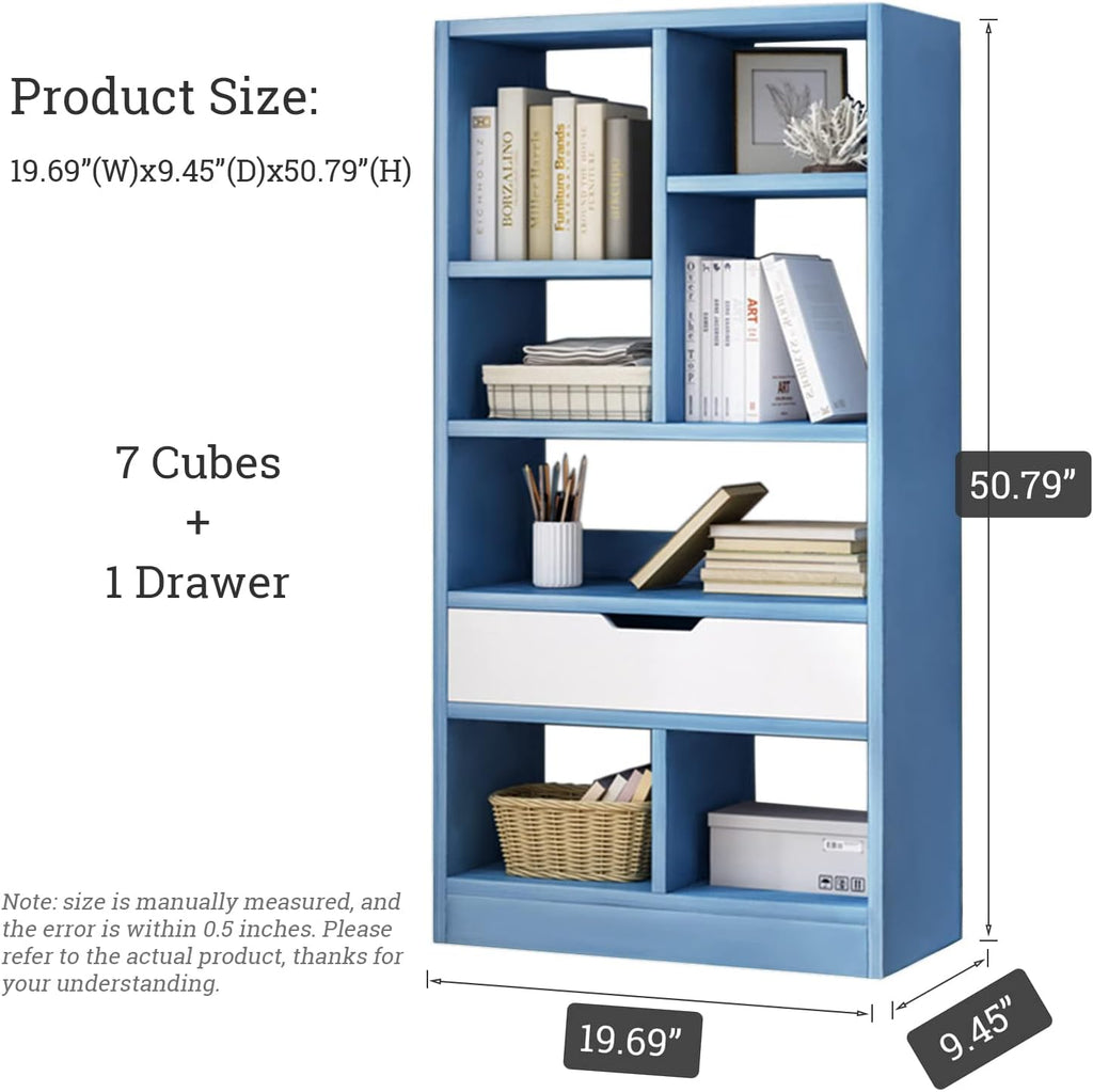 IOTXY Wooden Open Shelf Bookcase - 51' Height Freestanding Display Storage Cabinet Organizer with 7 Cubes and a Drawer, Floor Standing Bookshelf, Blue