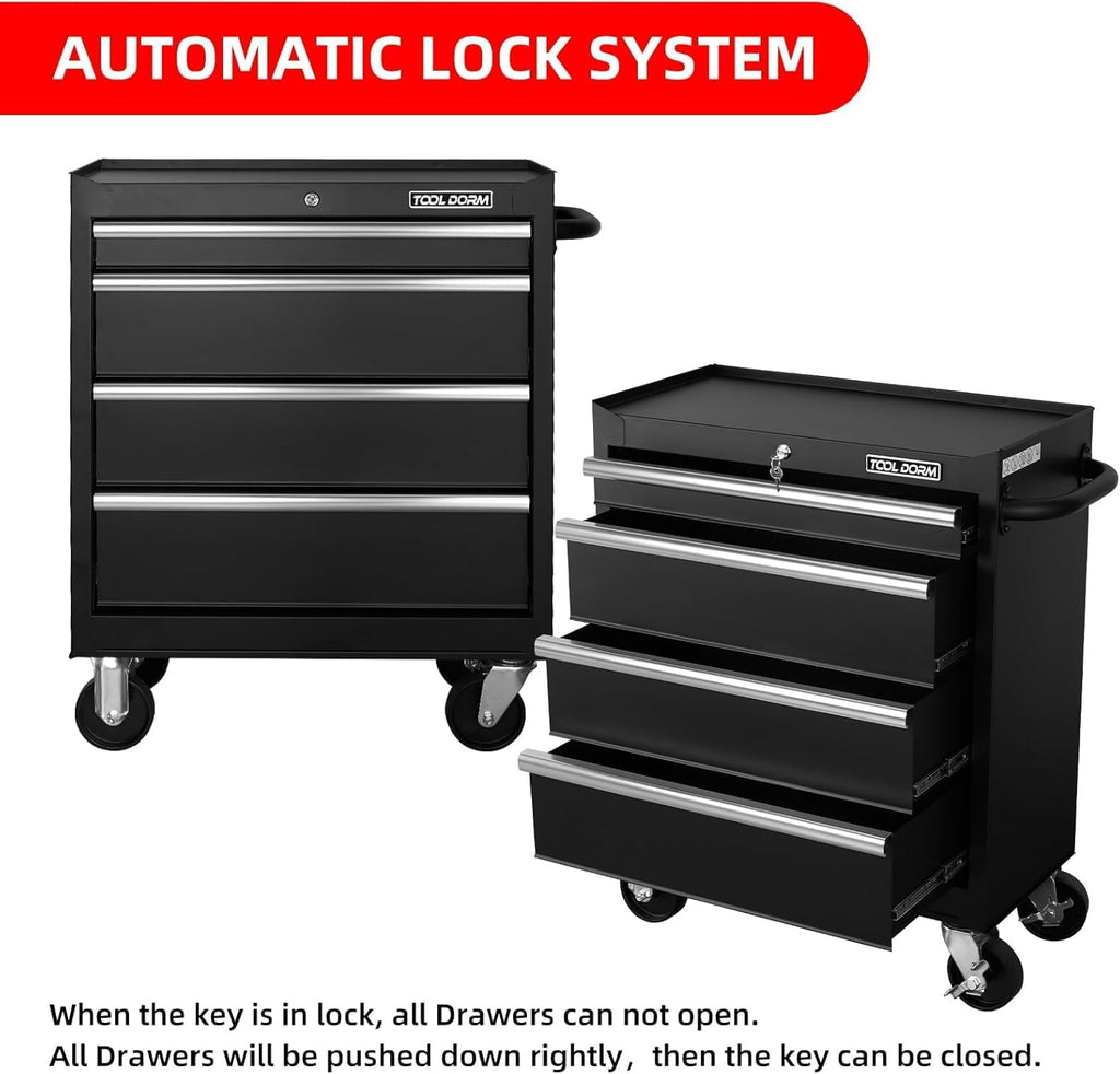 Tool Storage Cabinet/Cart, Metal Tool Cabinet, Rolling Wheel, Ball Bearing Sliders, Black Powder Coating, Suitable for Garage, Warehouse, Workshop (27 x 13 x 34 inches)