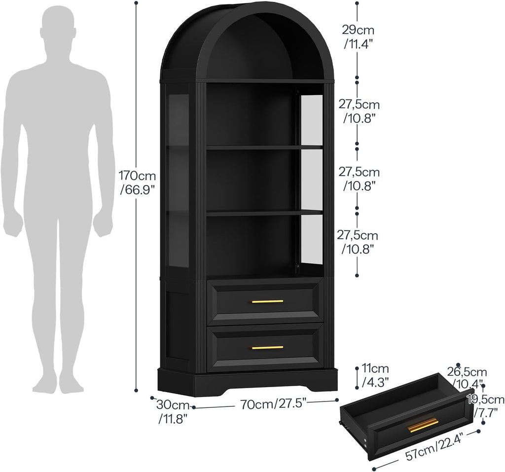 HOOBRO Tall Arched Bookshelf, Arch Bookcase with 2 Storage Drawers, Farmhouse Wooden Display Cabinet with Lights, Open Storage Book Shelf for Living Room, Home, Office, Black BK170DSJ01