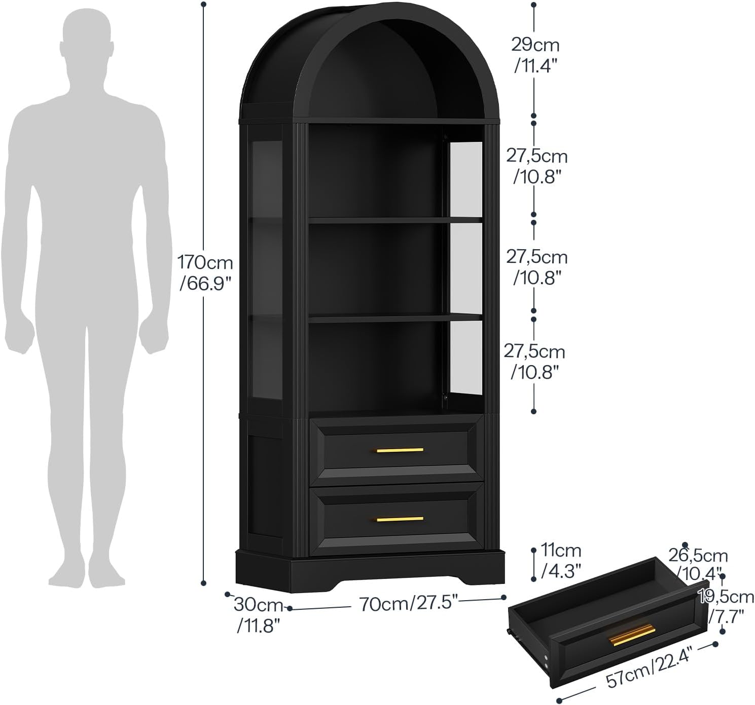 HOOBRO Tall Arched Bookshelf, Arch Bookcase with 2 Storage Drawers, Farmhouse Wooden Display Cabinet with Lights, Open Storage Book Shelf for Living Room, Home, Office, Black BK170DSJ01