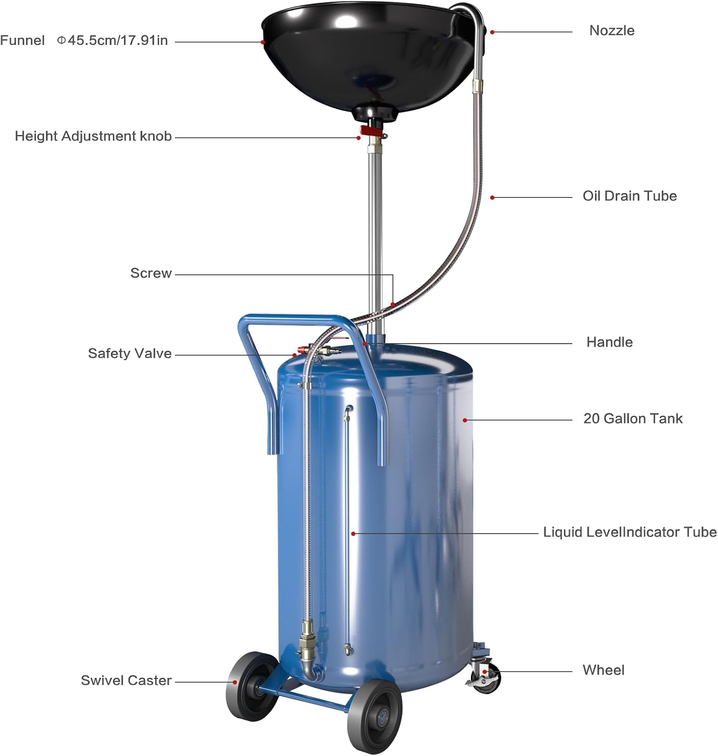Larbanke 20-Gallon Waste Oil Drain Tank, Air Operated Drainer Oil Change Container with 360 ° Wheels,Oil Drain with Adjustable Funnel Height, Change Container Suitable for Car Repair Shops and Garages