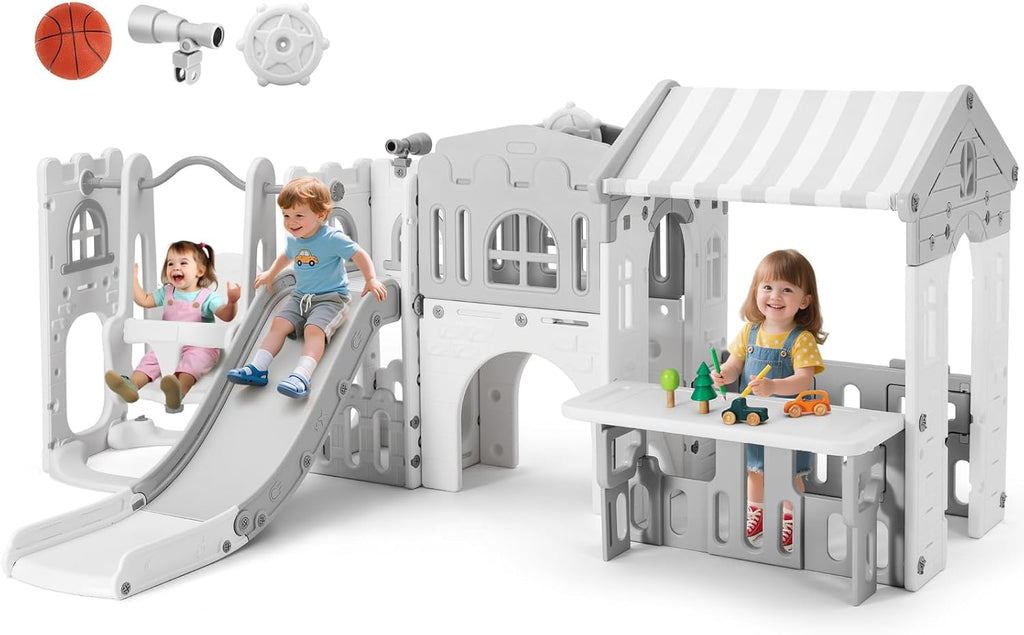 JOYLDIAS 10 in 1 Toddler Slide, Freestanding Kid Climber Slide Playset, Toddler Playhouse with Slide and Swing, Basketball Hoop, Telescope, Indoor Outdoor Backyard Playground Toy for Toddlers Age 1-3+