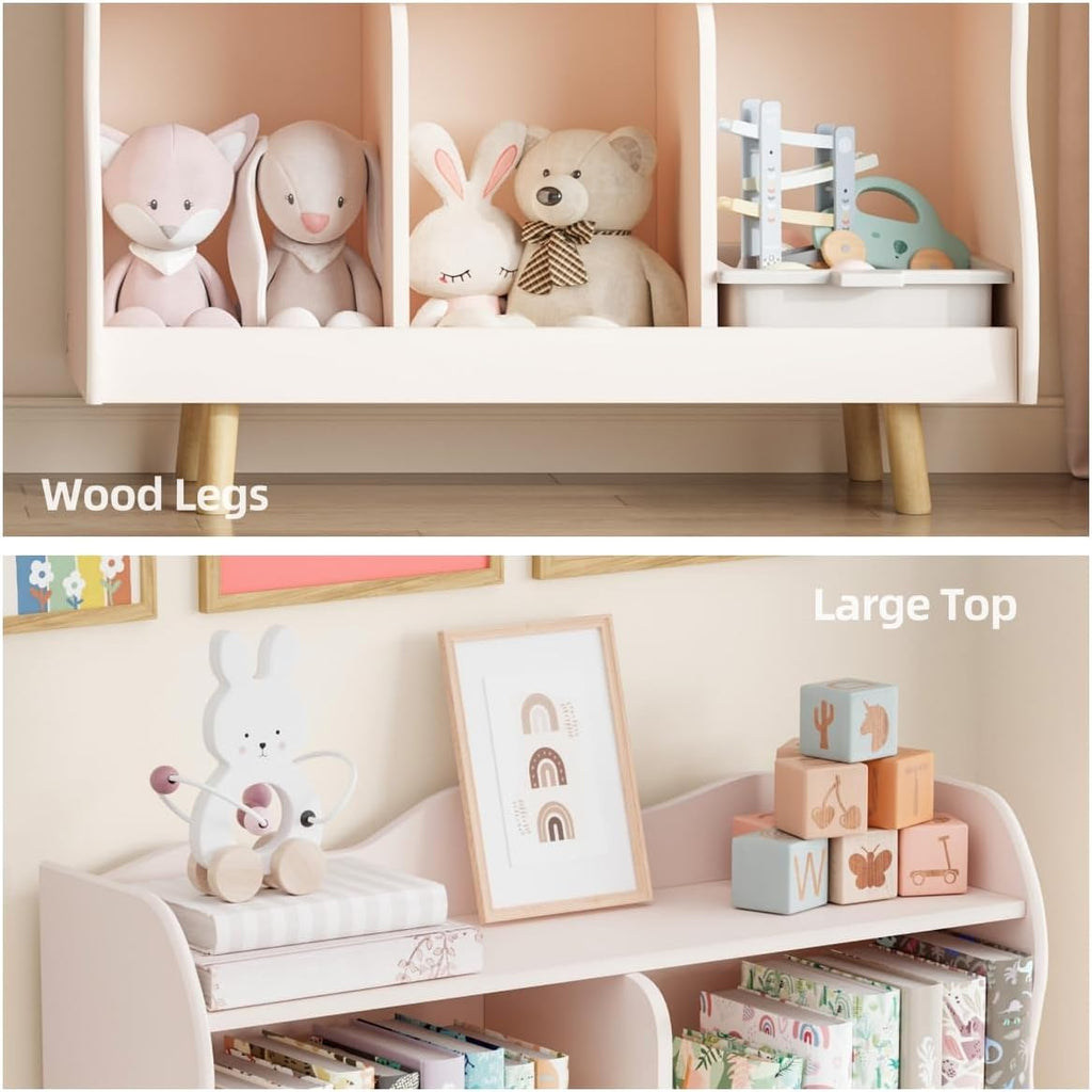 Treocho Kids Bookshelf and Toy Storage Orangizer, 3-Tier Wooden Children's Bookcase with Curve Design, 5 Cubbies Toy Storage Cabinet Display with Legs for Children's Room, Playroom, School, Pink