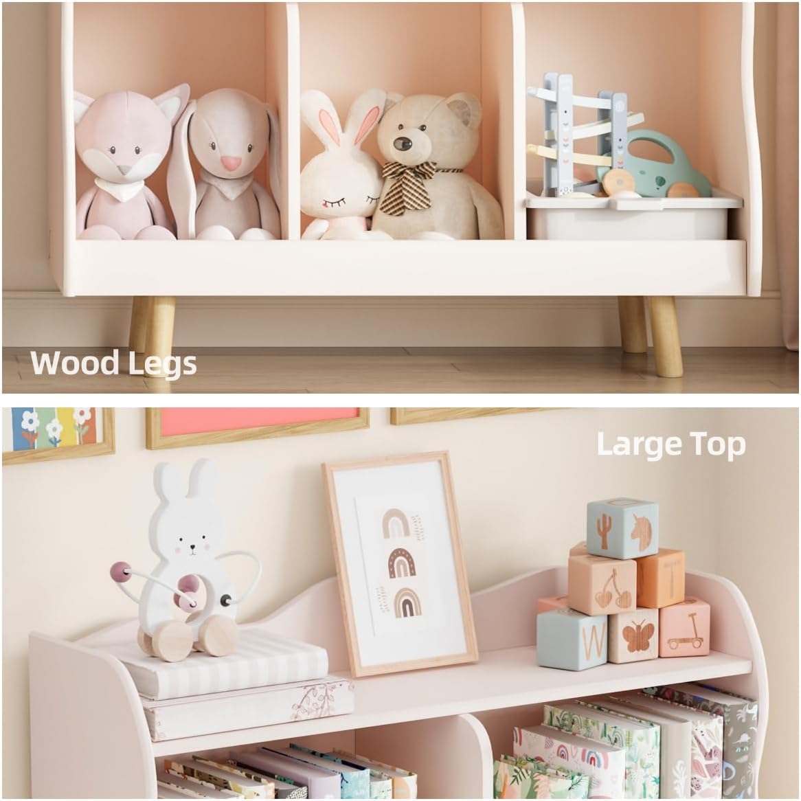 Treocho Kids Bookshelf and Toy Storage Orangizer, 3-Tier Wooden Children's Bookcase with Curve Design, 5 Cubbies Toy Storage Cabinet Display with Legs for Children's Room, Playroom, School, Pink