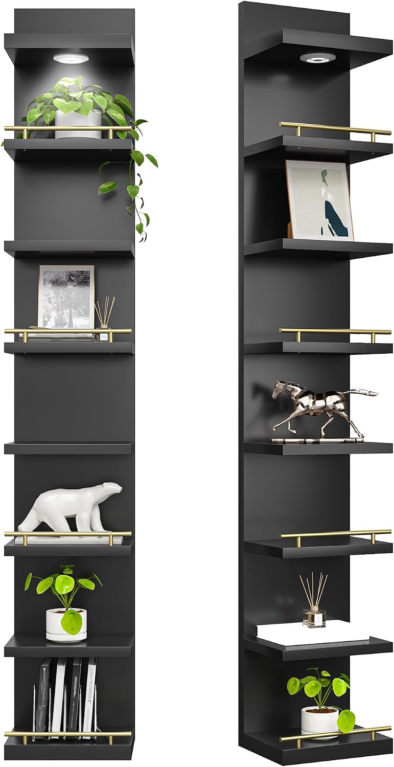 DurayLoly 2 Pack 8 Tier Wall Shelf Unit, Wood Floating Shelves, Display Shelf with LED Light, Floating Shelf for Living Room, Bedroom or Vanity Storage