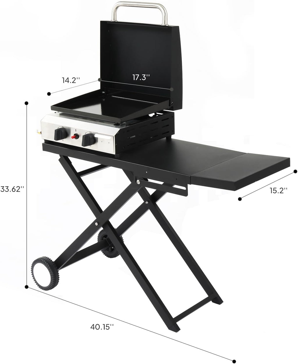Bonnlo Foldable Flat Top Grill with 2 Burner & Lid, Powerful 20,000 BTU Propane Gas Grills with Ignition, Enamel Griddle, Side Shelf & Portable Cart with Wheels for Outdoor Camping Hibachi Grill Use