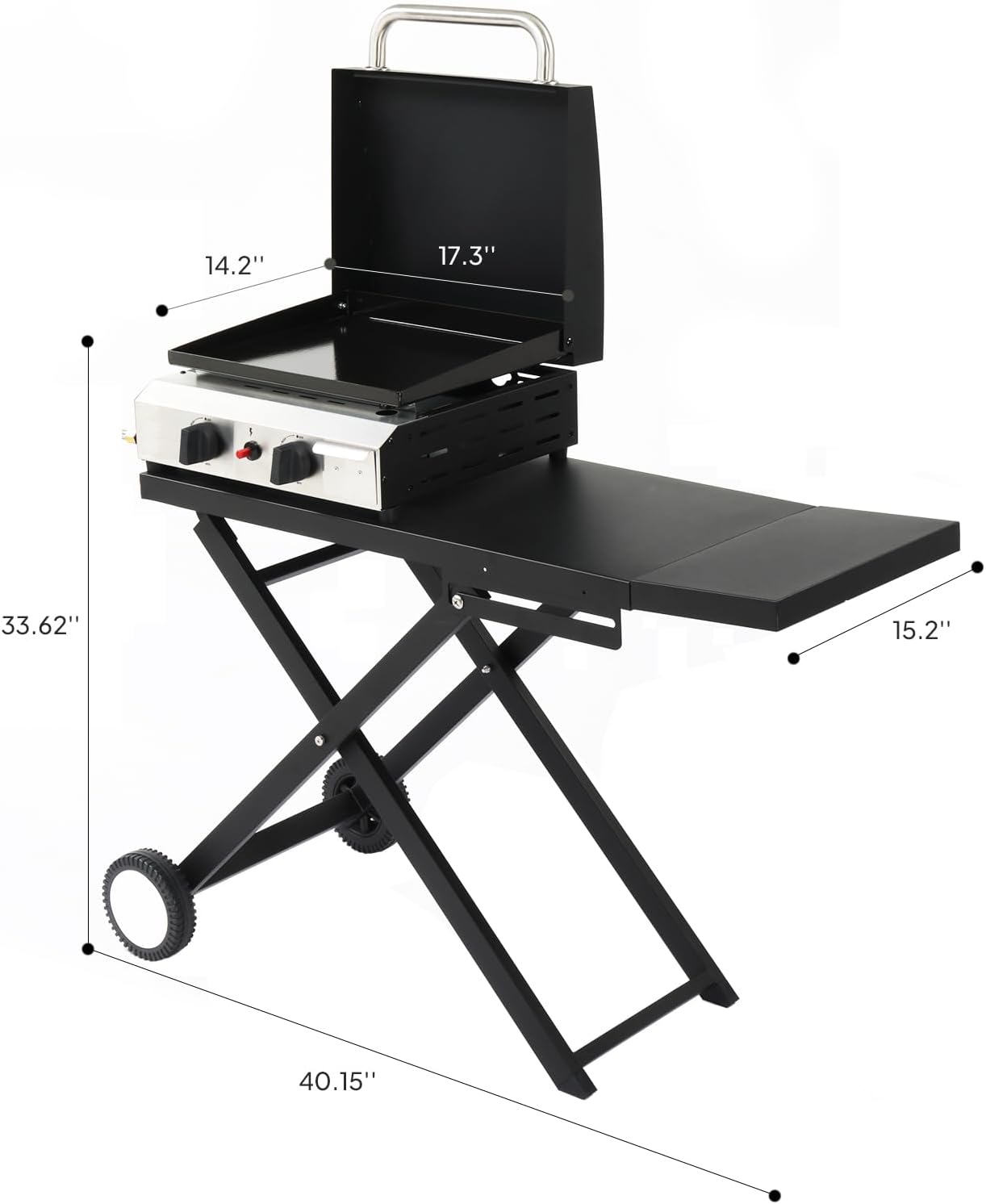 Bonnlo Foldable Flat Top Grill with 2 Burner & Lid, Powerful 20,000 BTU Propane Gas Grills with Ignition, Enamel Griddle, Side Shelf & Portable Cart with Wheels for Outdoor Camping Hibachi Grill Use