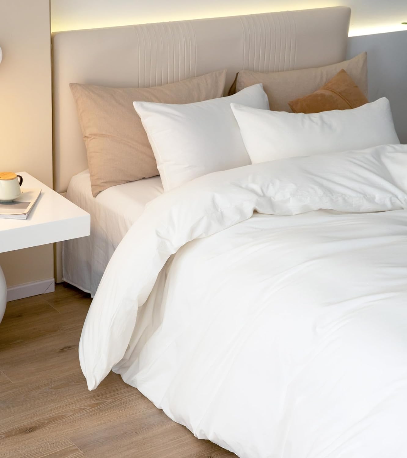 JIYUAN Oversized King Plus Duvet Cover Set, 3-Piece - 100% Washed Cotton, Linen-Like Soft & Breathable with Zipper Closure, Includes 128x120 Inch Cover & 2 Pillowcases, Solid Bright White