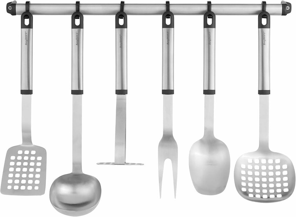 Berghoff Essentials Stainless Steel 8Pc Kitchen Utensil Set, Revolving Wall Rack, Storage Stand, Ergonomically Designed Hollow Handle with Hanging Loop