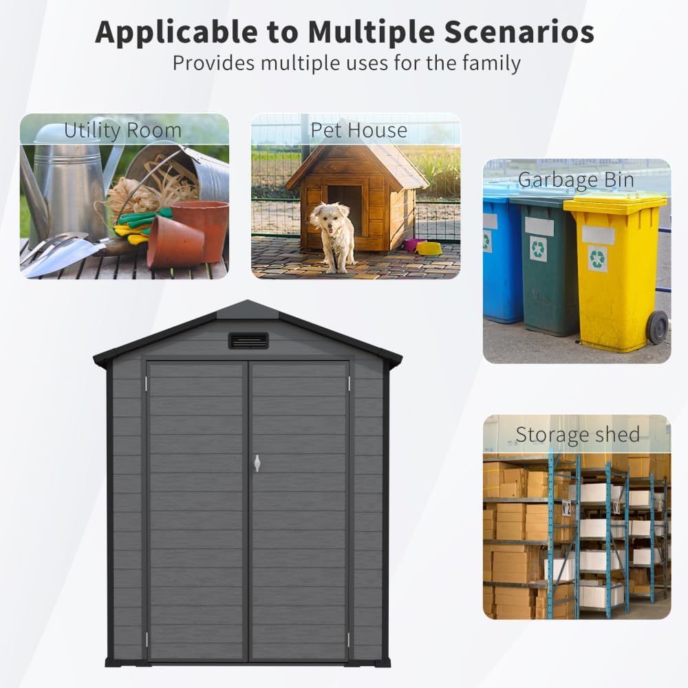 6x6 FT Outdoor Storage Shed with Floor & Window, Lockable Resin Tool Shed, Heavy-Duty Plastic Garden Shed for Backyard, Dark Gray
