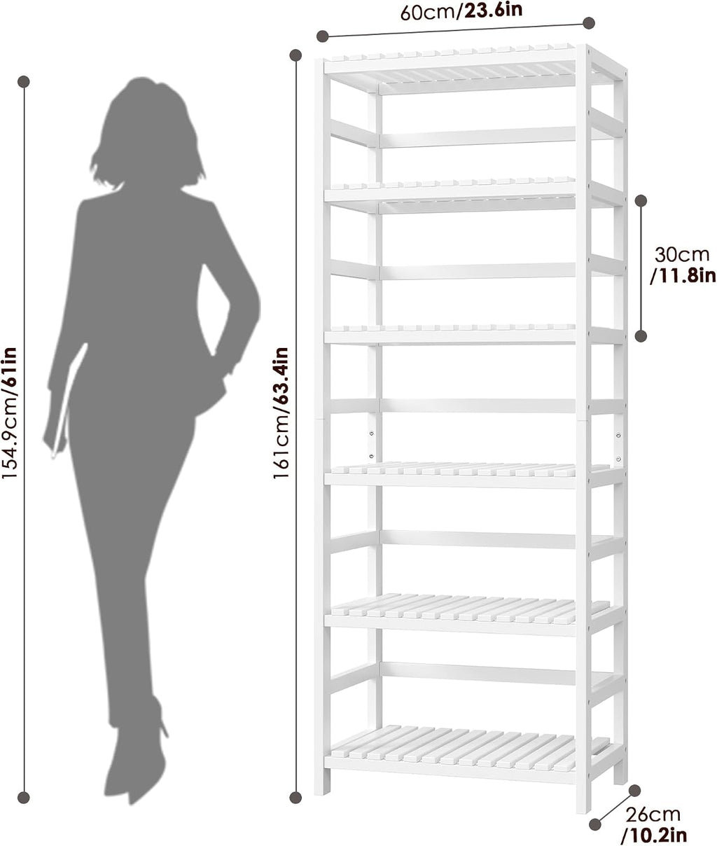 FOTOSOK 6-Tier Bamboo Shelf Set of 2, Bamboo Bookcase with Adjustable Shelves, Free Standing Storage Shelf Unit Plant Flower Stand, Tall Large White Bookshelf for Kitchen, Bathroom, Home Office, White