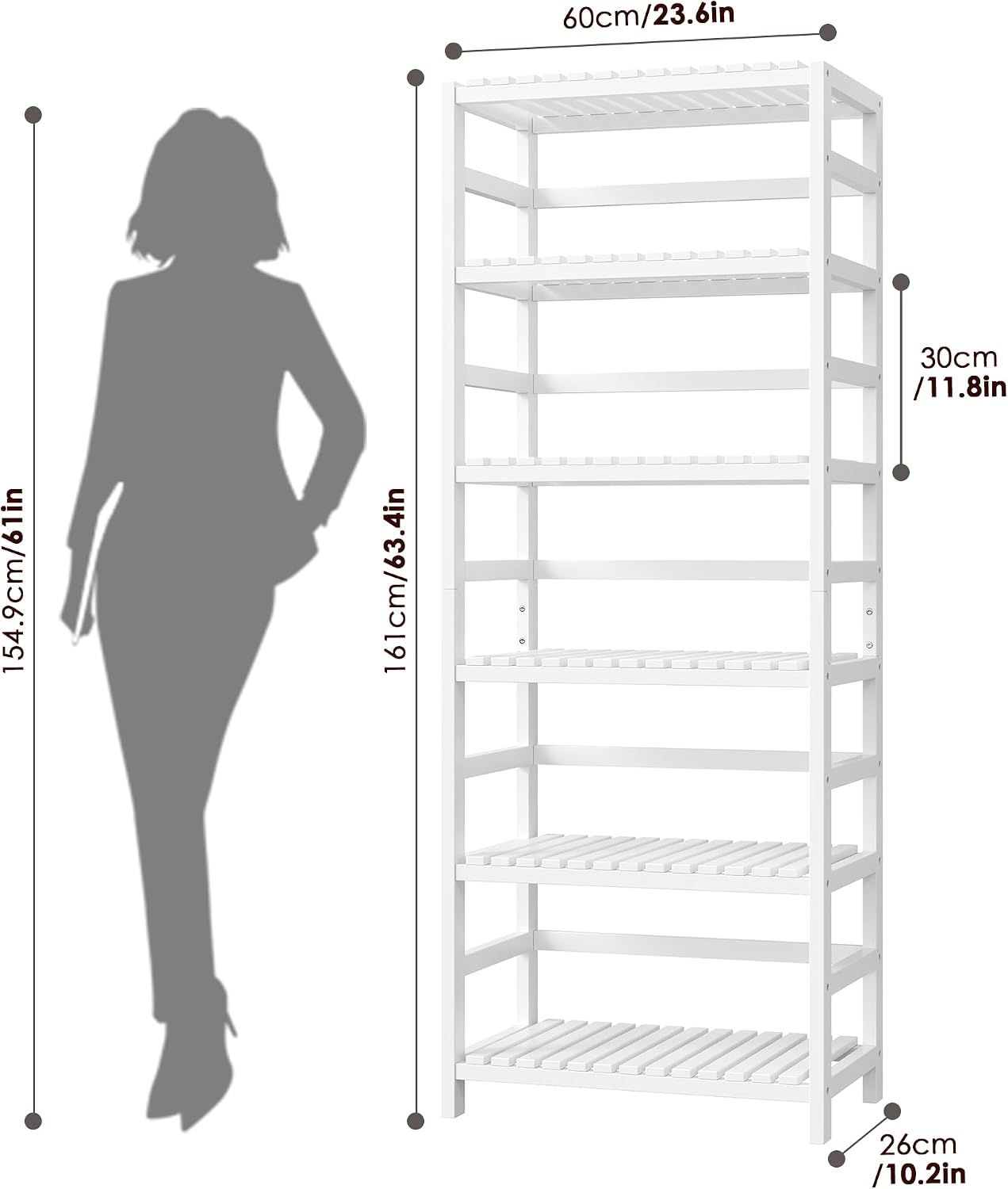 FOTOSOK 6-Tier Bamboo Shelf Set of 2, Bamboo Bookcase with Adjustable Shelves, Free Standing Storage Shelf Unit Plant Flower Stand, Tall Large White Bookshelf for Kitchen, Bathroom, Home Office, White