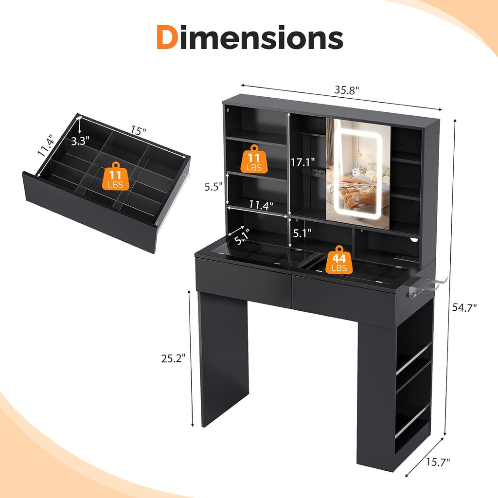 VINGLI Vanity Desk with Sliding Mirror and Lights, Glass Top Makeup Vanity Table w/Shelves & Hidden Jewelry Storage & Power Outlets & Hairdryer Holder,54in Black Dressing Table Gifts Girls