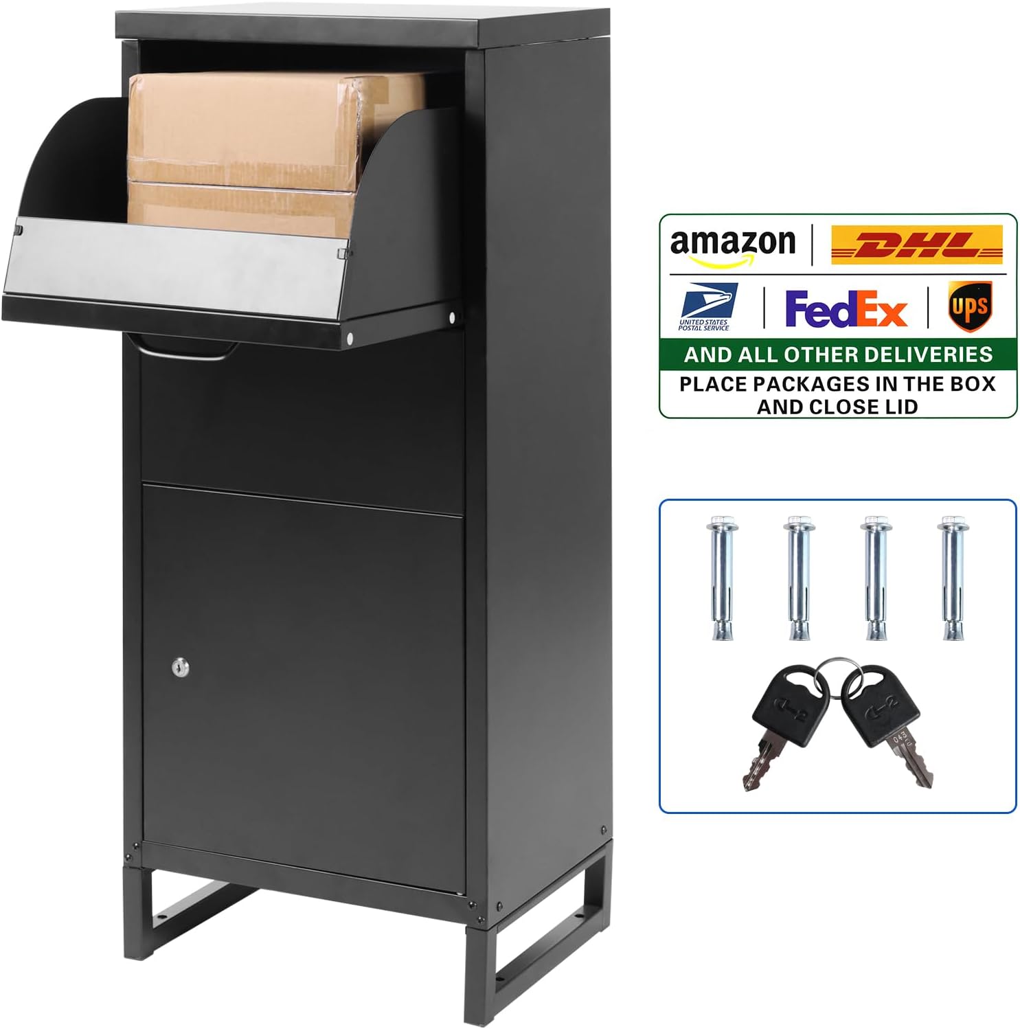 ALBAD Package Delivery Boxes with Lockable Secure Compartment, Anti-theft Baffle Parcel Drop Box, and Waterproof Design for Porch and Curbside Delivery (BLACK)
