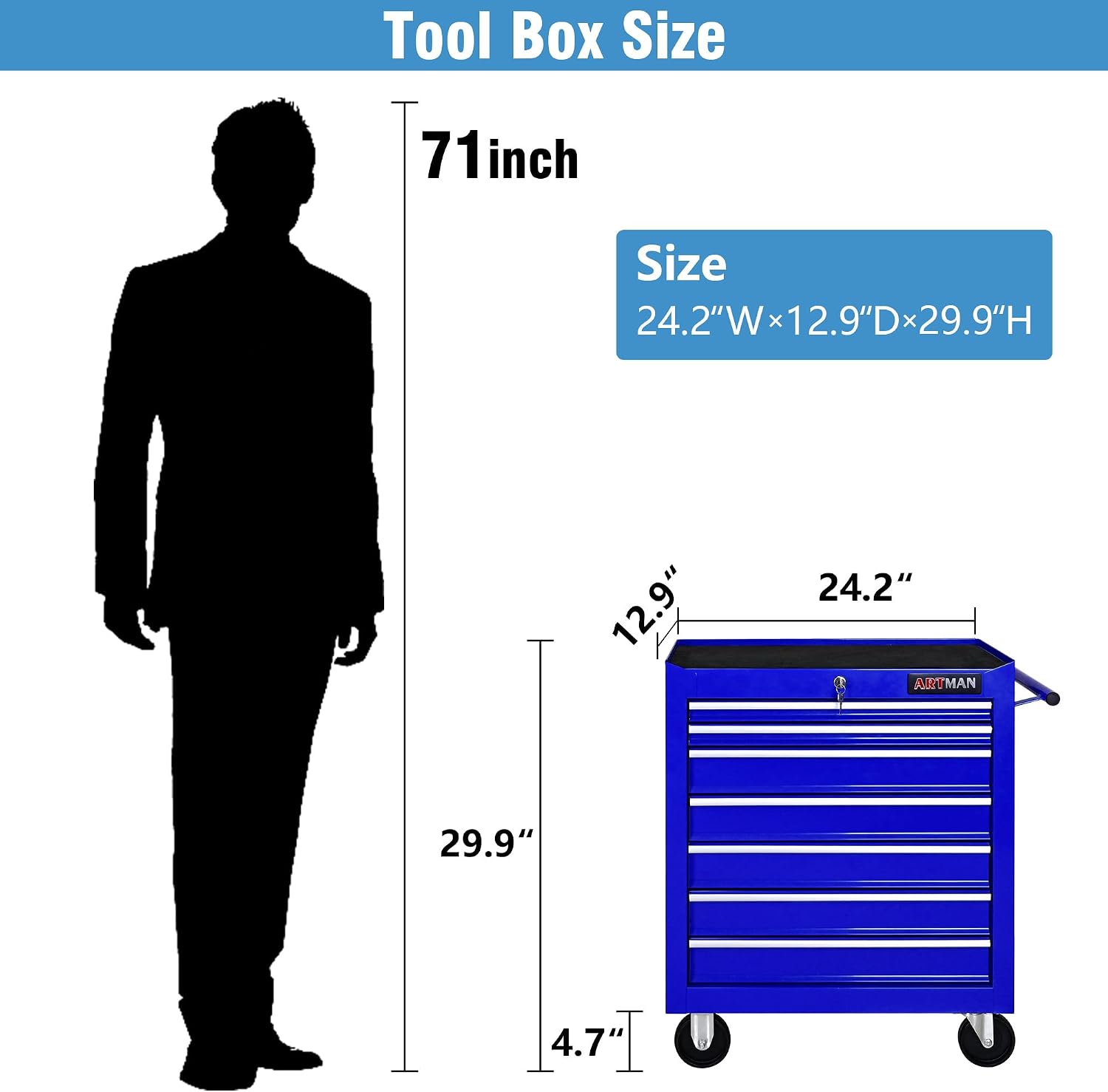 7 Drawers Tool Cart on Wheels, 7 Drawer Rolling Tool Chest with Key Lock, Trolley Organizer Tool Case, Multifunctional Rolling Tool Box for Garage,Warehouse,Workshop,Repair Shop (Blue)