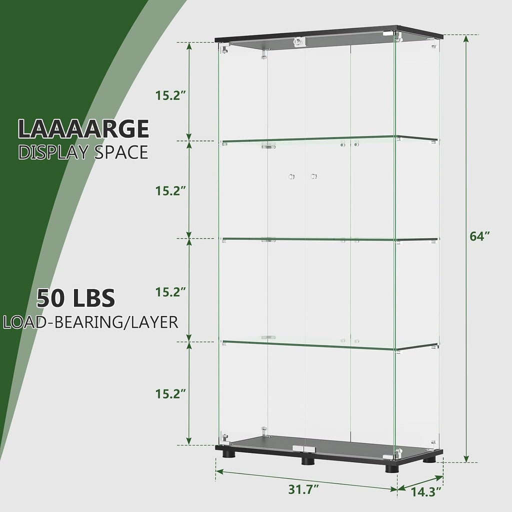 Ball & Cast Glass Display Cabinet with Double Door and Lock,4 Tier Curio Cabinet 5mm Tempered Glass Floor Standing Bookshelf for Living Room,Office,Easy Assembly,Black