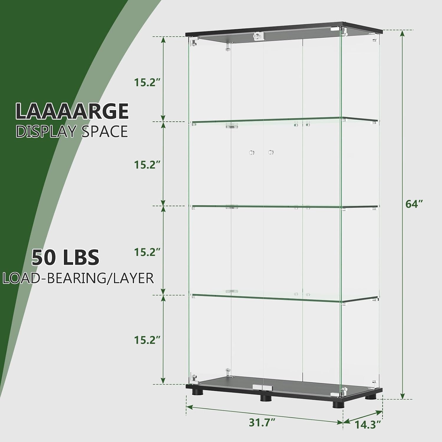 Ball & Cast Glass Display Cabinet with Double Door and Lock,4 Tier Curio Cabinet 5mm Tempered Glass Floor Standing Bookshelf for Living Room,Office,Easy Assembly,Black