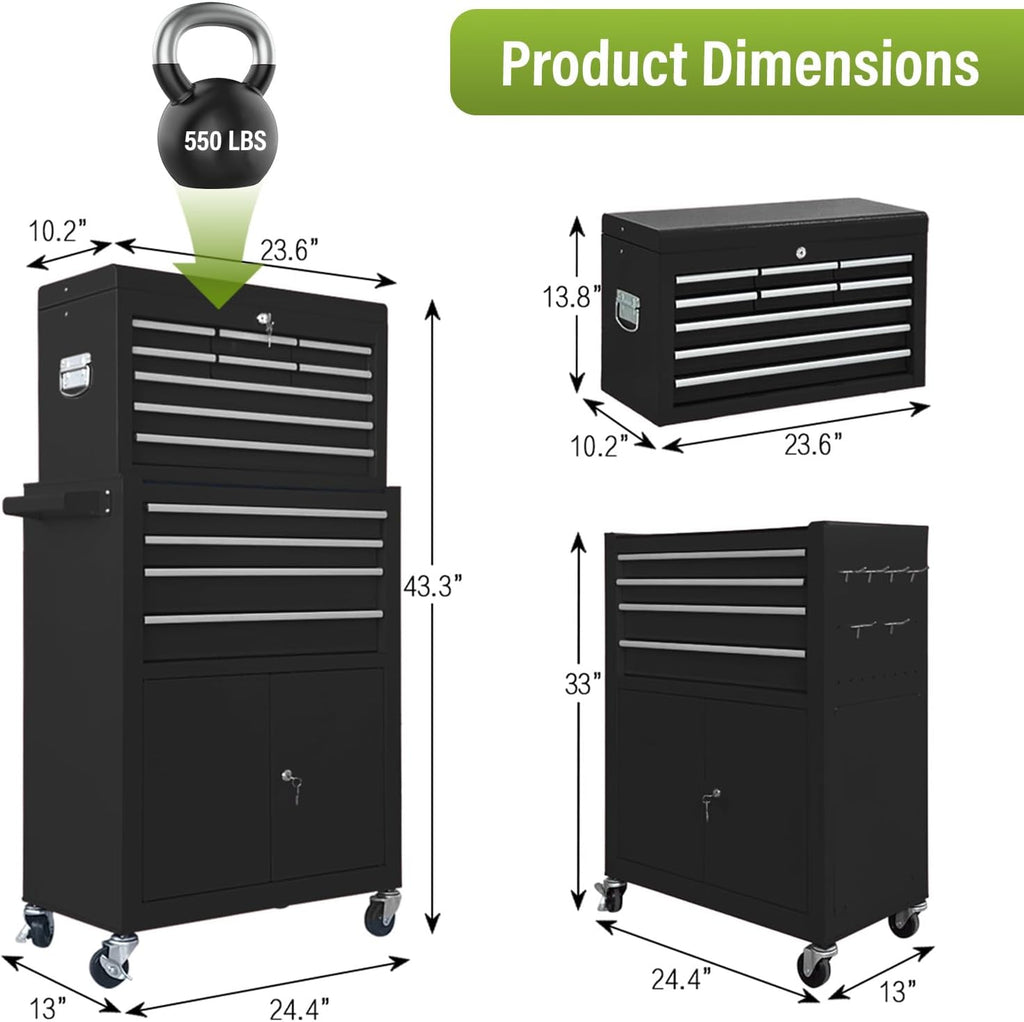 13 Drawers Tool Chest with Wheels, Rolling Tool Box with Drawers, Metal Tool Cabinet for Garage, Workshop(Black)