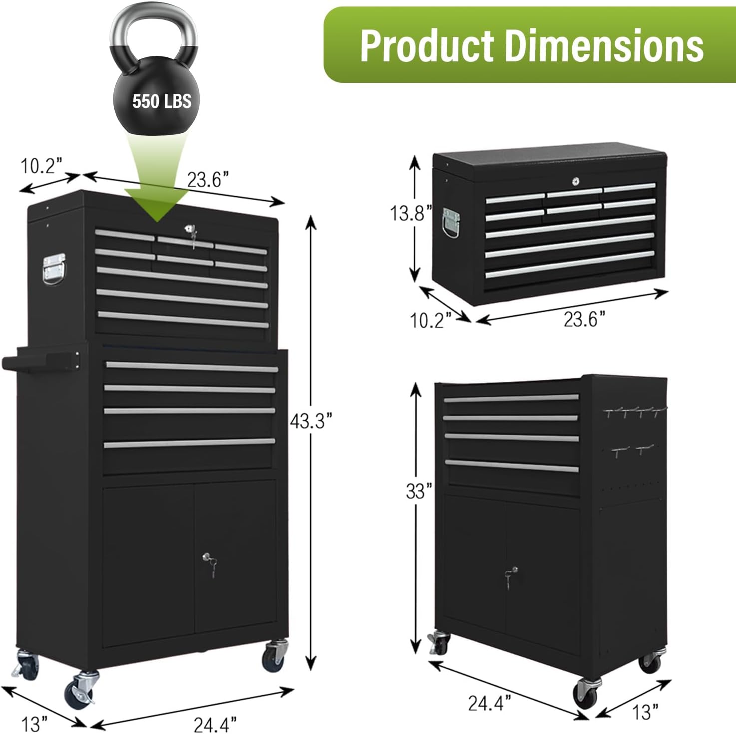 13 Drawers Tool Chest with Wheels, Rolling Tool Box with Drawers, Metal Tool Cabinet for Garage, Workshop(Black)